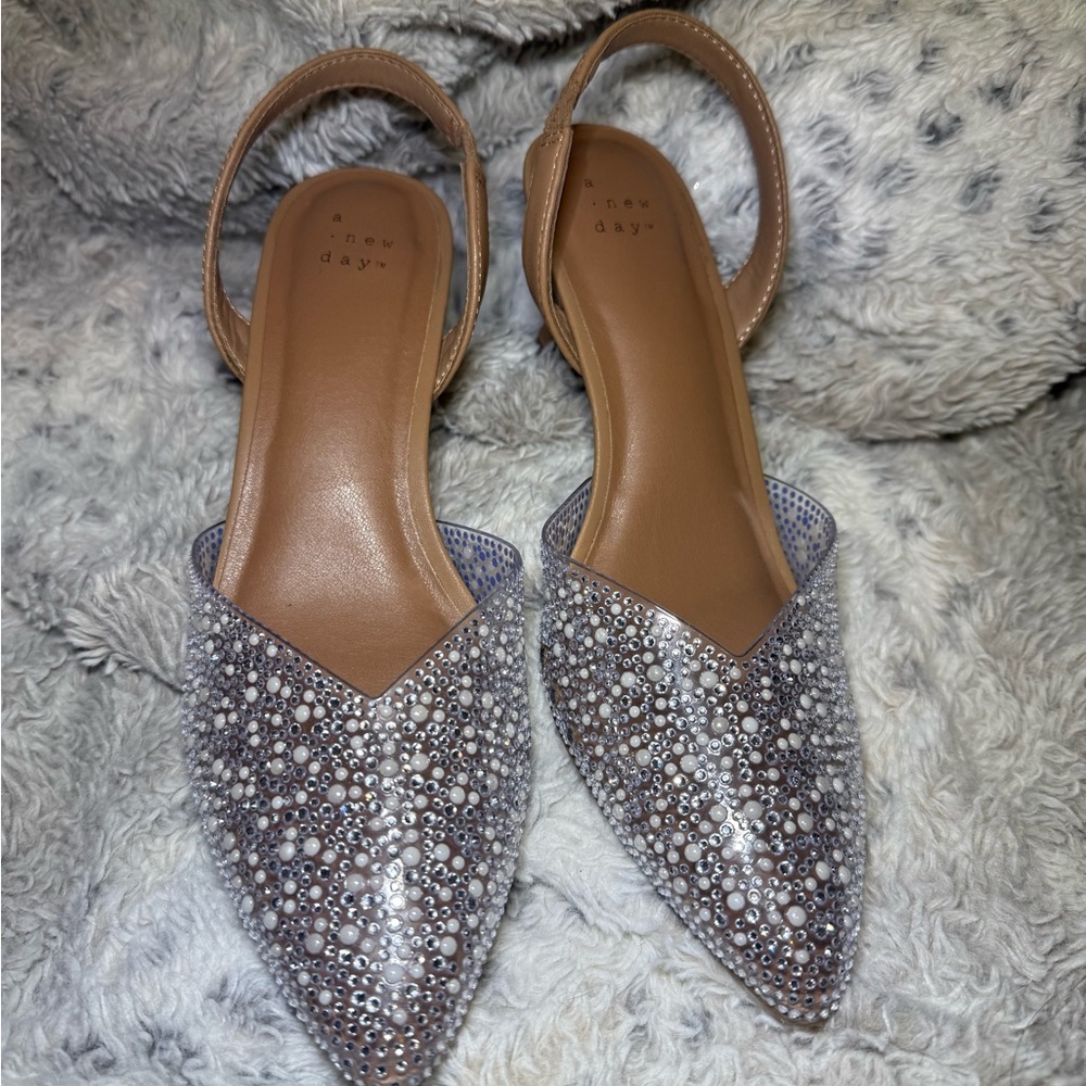 A New Day Sparkling Silver and Tan Low Heels
